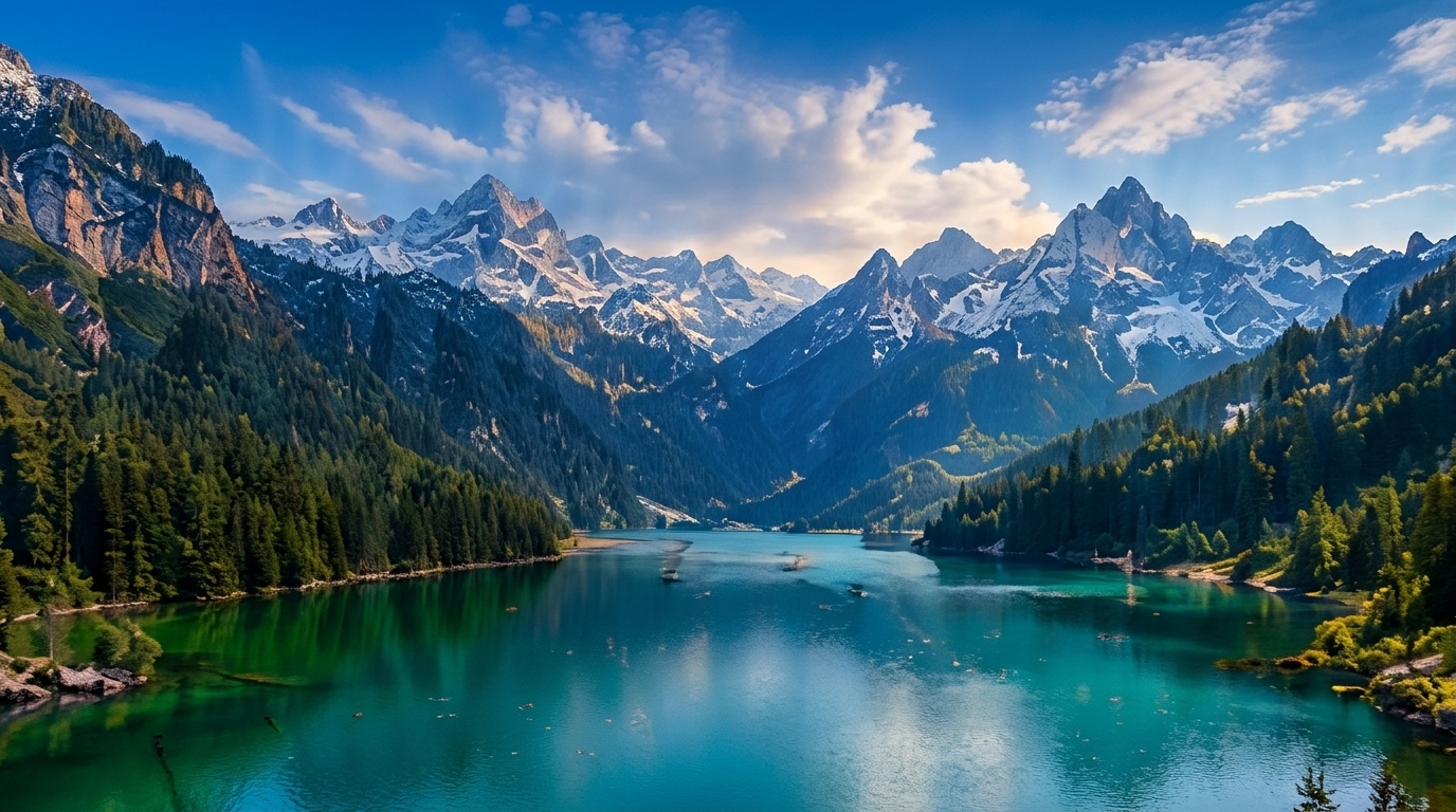 Emerald alpine lake surrounded by rugged mountains