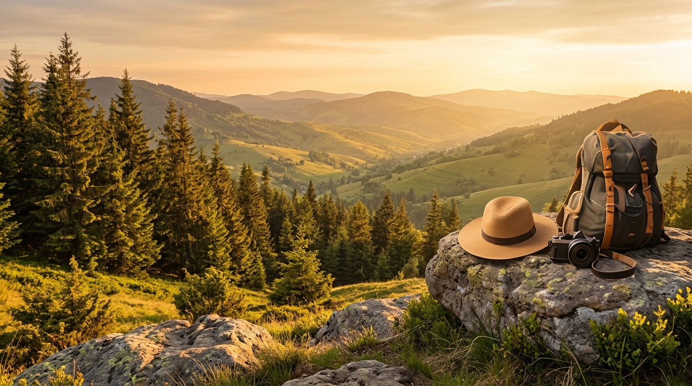 Travel scenery with backpack and camera on mountain ridge