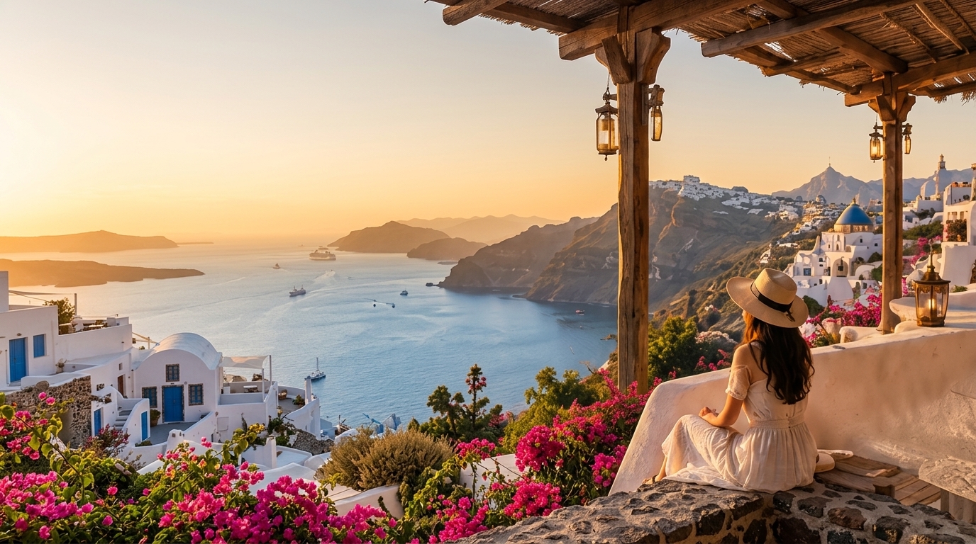 Santorini terrace overlooking caldera at golden hour