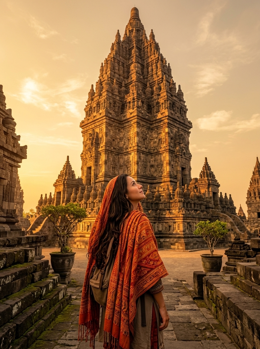 Traveler in red patterned shawl admiring ancient stone temple pagoda at sunset